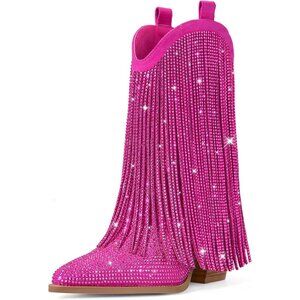 Women's Pink Cowgirl Rhinestone Wide Calf Pointed Toe Chunky Stylish Heel Boot